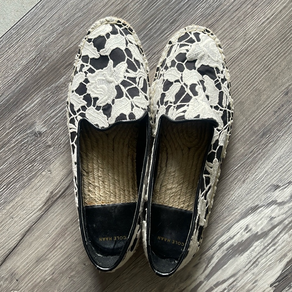 Cole Haan Palermo Espadrille Black and White Lace Flats Size 9.5